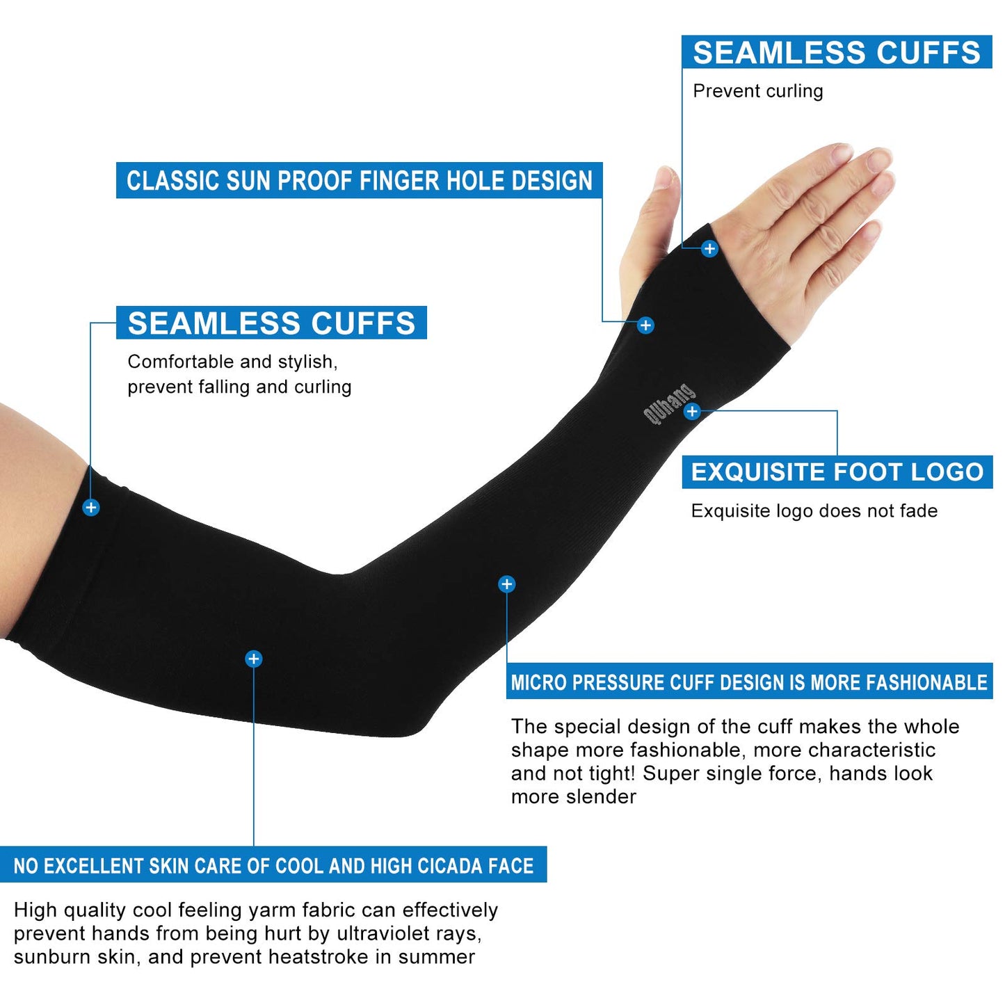 QUhang 6 Pairs Arm Compression Sleeves for Women Men Outdoor UPF50 UV Protection Sun Sleeves Cooling Tattoo Black Sleeve with Thumb Hole