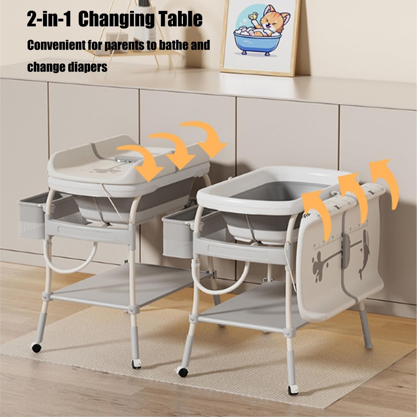 PandaEar 2-in-1 Baby Bathtub & Changing Table, Adjustable Height Folding Diaper Station Waterproof Pad with Storage Rack & Wheels, Baby Bath Tub with Thermometer