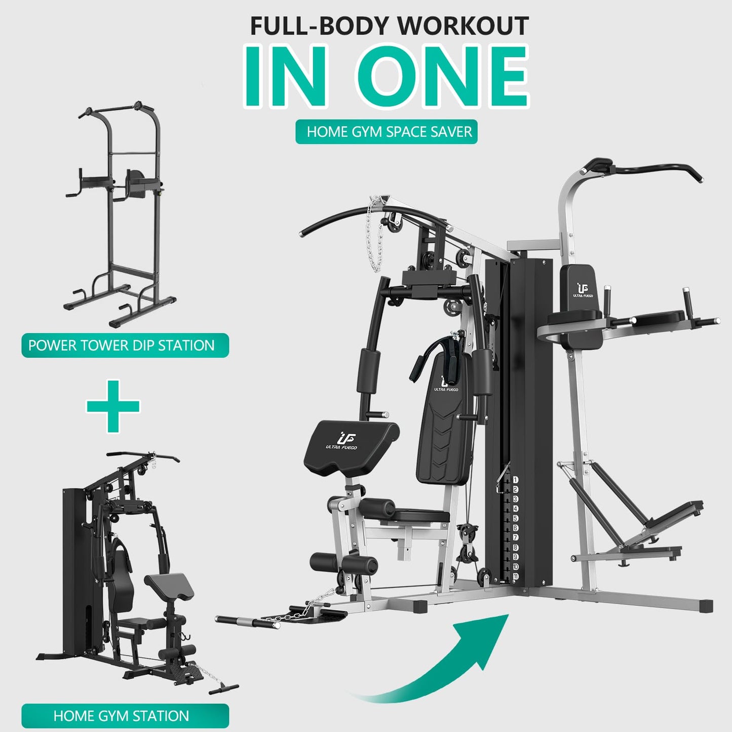 ULTRA FUEGO Multifunctional Home Gym Equipment Workout Station with Pulley System, Arm, and Leg Developer for Full Body Training (1186L Black Home Gym Station with Power Tower)