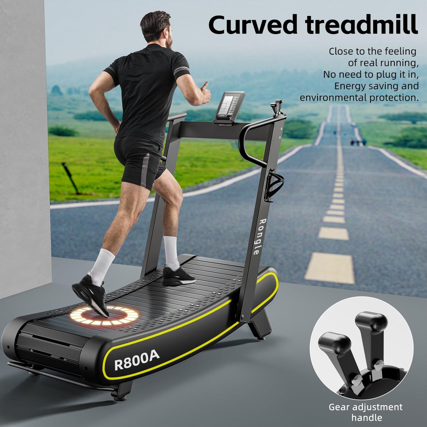 Rongle Curved Treadmill, Non-Powered Folding Treadmill, Adjustable Custom Resistance, Equipped with LCD Display, Suitable for Commercial and Home Use, 350 lbs Weight Capacity