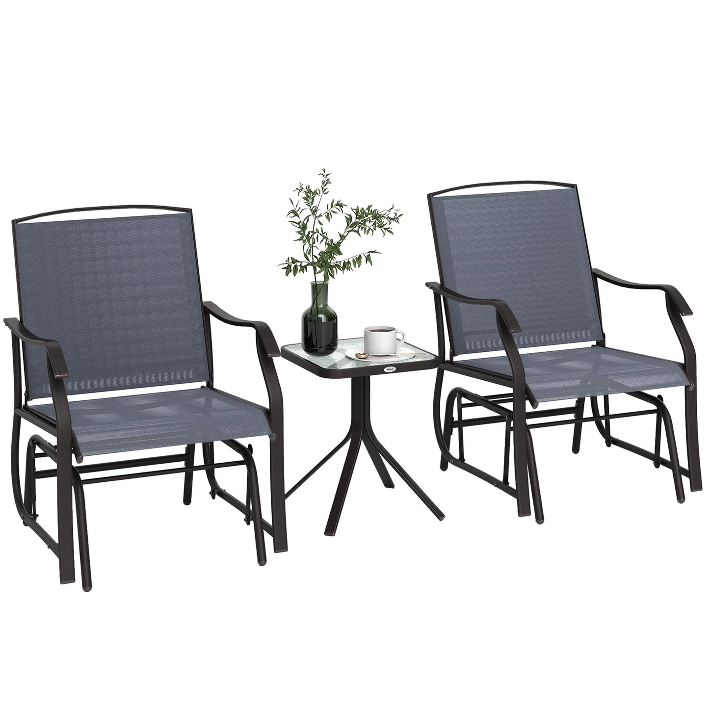 Outsunny 3 Piece Outdoor Glider Chair with Coffee Table Bistro Set, 2 Patio Rocking Swing Chairs with Breathable Sling Fabric, Glass Tabletop, for Backyard, Garden and Porch, Gray