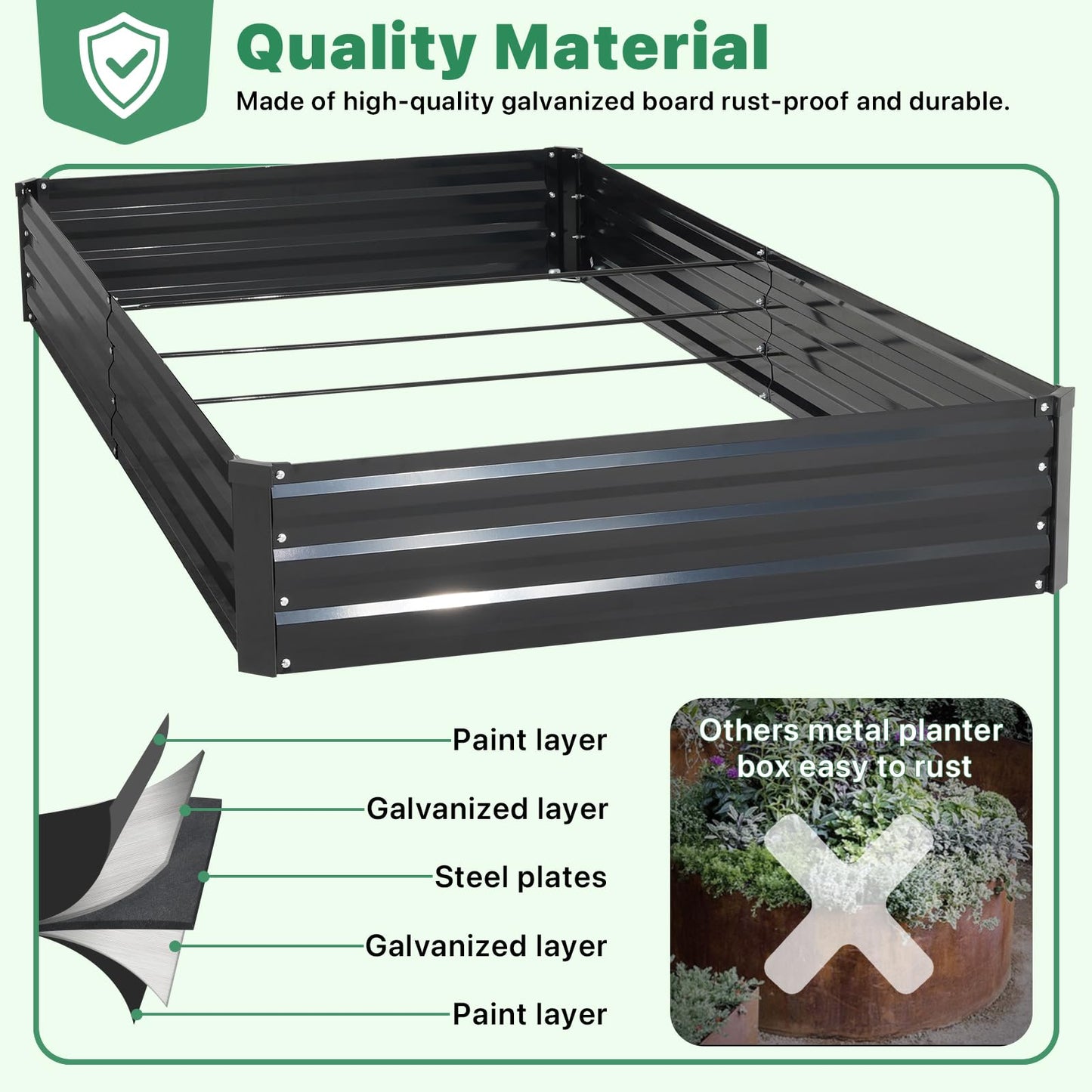ONCEMORE Galvanized Raised Garden Bed for Vegetables Flowers Herbs, Metal Raised Garden Bed Kit with 2 PCS Tomato Cage, Gloves, Trellis Netting, Plant Labels, Plant Ties, Black 8×4×1FT