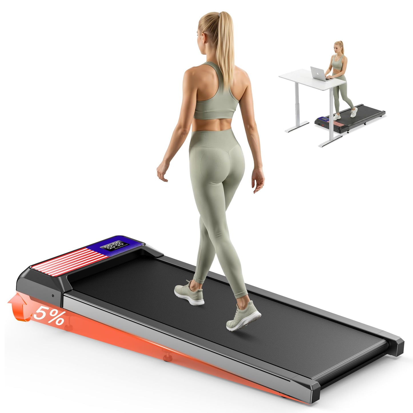 Walking Treadmill Pad Under-Desk with Incline - 2.5HP Home Running Pad LED Display Exercise Machine with Remote Control