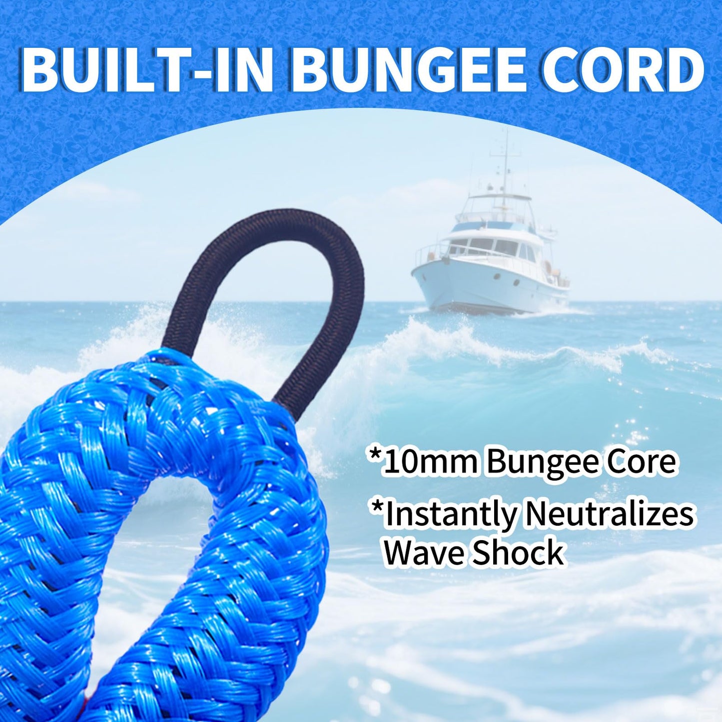ZRSCHYG Blue Bungee Dock Lines 2-Pack with Double Hooks & Floating Tubes – Heavy Duty Boat Ropes for Jet Ski, Pontoon, Kayak – 4ft to 6ft, 316 Stainless Steel, Shock Absorbing