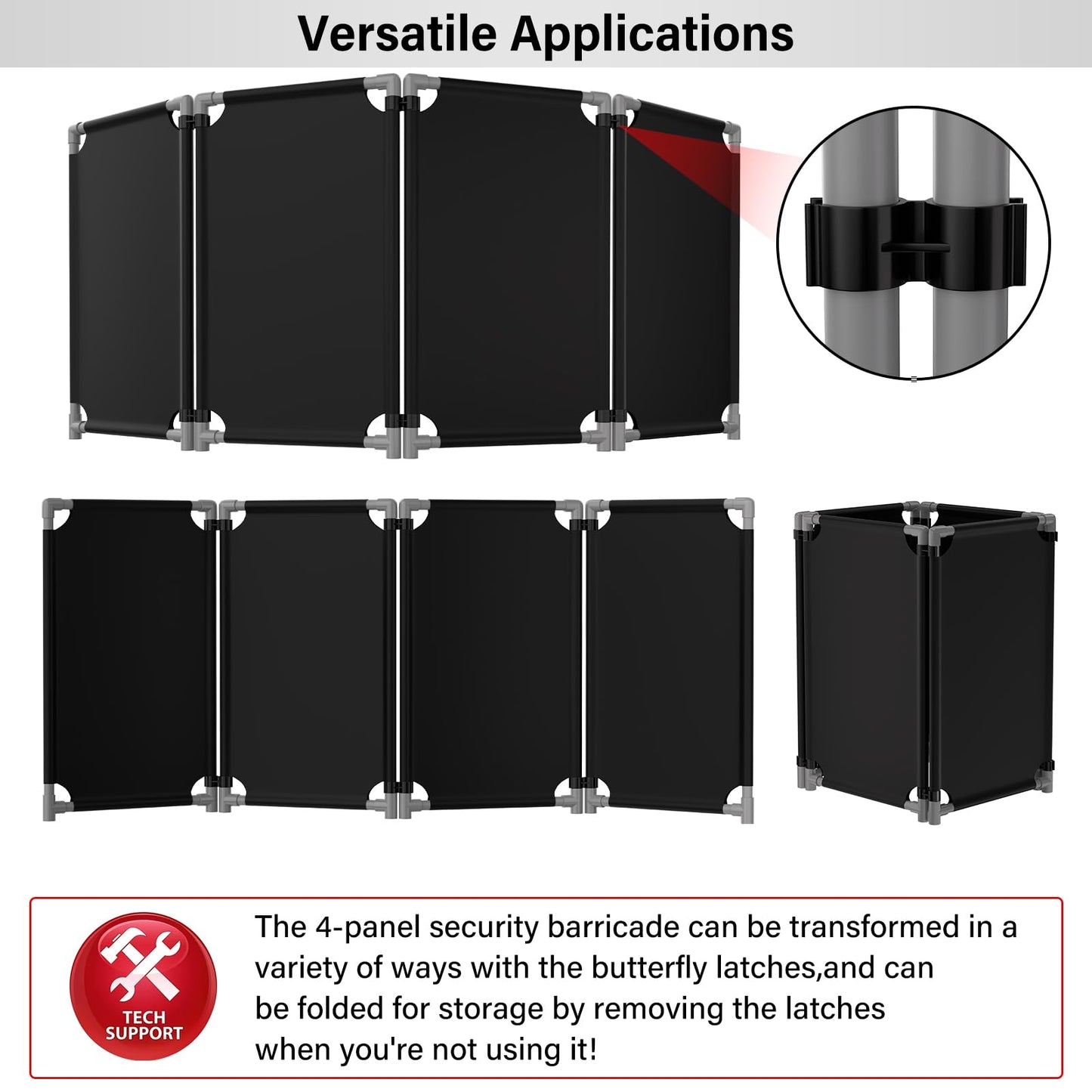 4 Panels Safety Barricade,7.8FT Removable Foldable Security Gates Barrier with Heavy Duty PVC Frame, Black Color Easier to Identify, Crowd Control Restricted Area Pedestrian Barricade Traffic Fence
