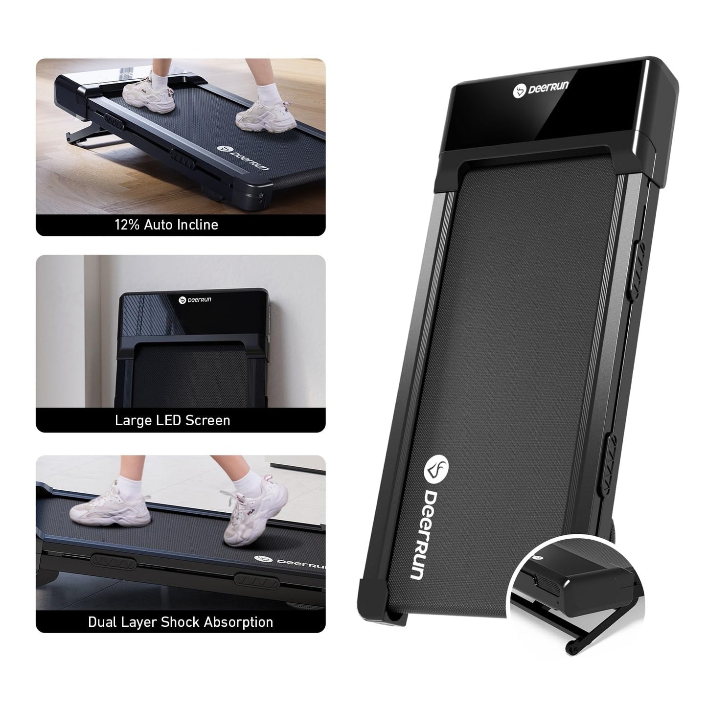 DeerRun Walking Pad Treadmill with Incline, 12% Auto Incline Under Desk Treadmill, 3.0 HP, 300 lb Capacity, Portable Treadmill for Home Office, Remote & App Control