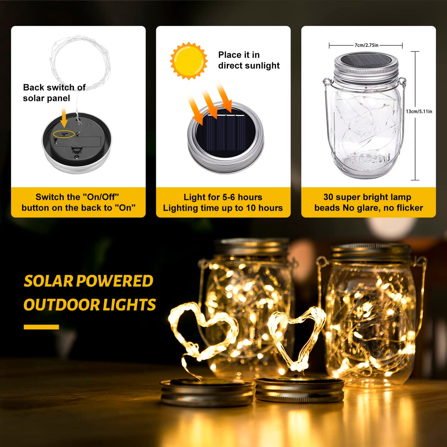 HXWEIYE 8 Pack Solar Mason Jar Lights Lanterns,Jars & Hangers Included，30LED Waterproof Hanging Outdoor Fairy Lights for Patio Garden Porch Yard Backyard Balcony Wedding(Warm White)