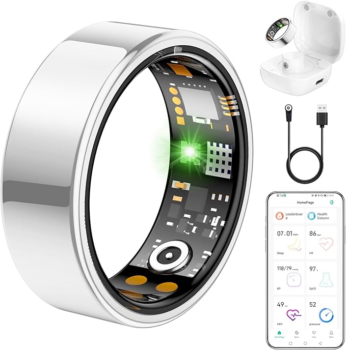 Ring Health Tracker for Women Men, Fit Ring with Heart Rate, Blood Oxygen, Sleep Monitor, Calories, Step Counter, IP68 Waterproof Smart Ring for iPhone & Android, No Subscription Fee (Silver, 13#)