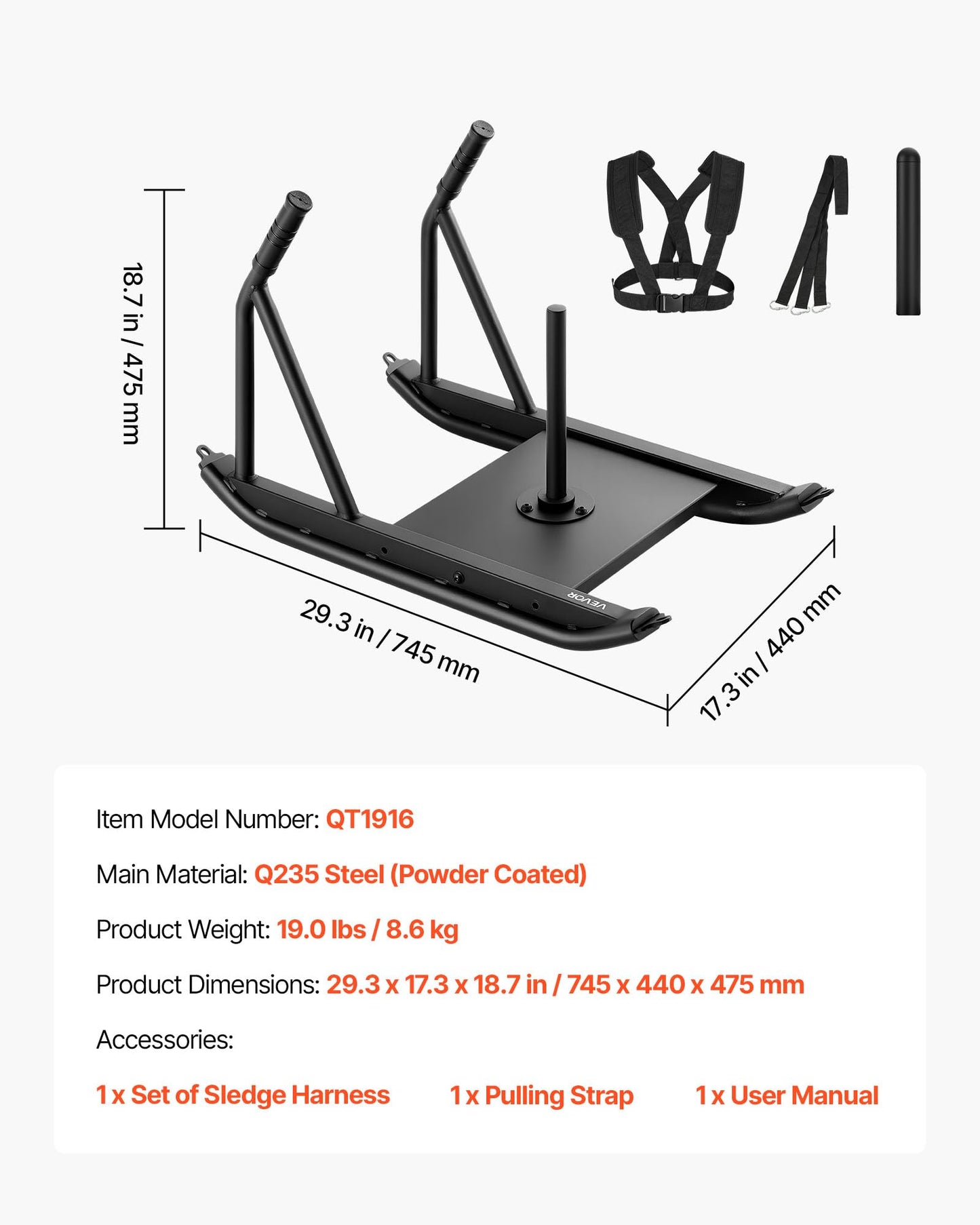 VEVOR Weight Sled, Steel Power Sled, Fitness Strength Training Pull Push Running Sled, Fitness Workout Sled Push Gym Equipment, Speed Improvement, with Handle, Compatible 1/2 in Weight Plates, Black