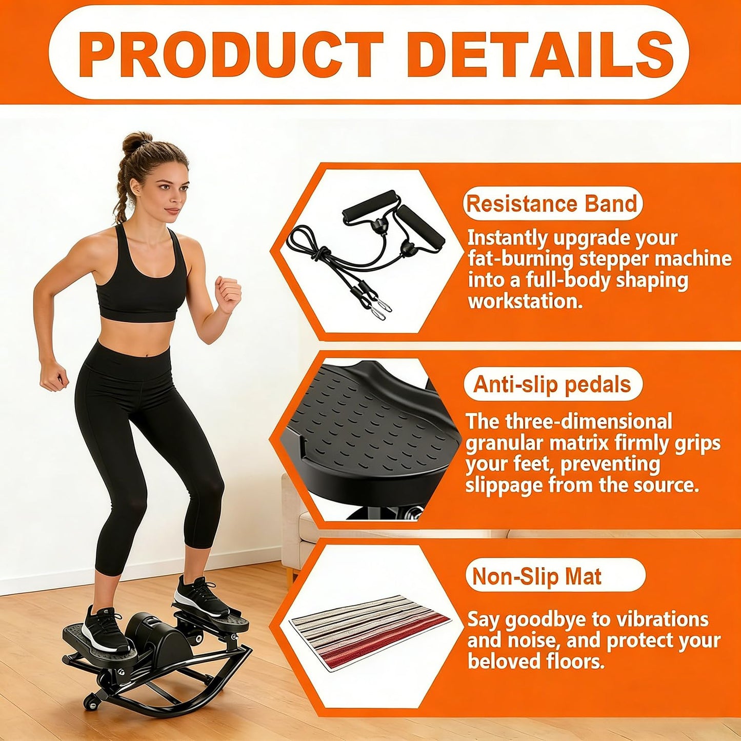 Rocking Stepper for Exercise at Home Portable Lateral Rock Stepper from Side to Side with Resistant Bands and Non-Slip Mat - Black