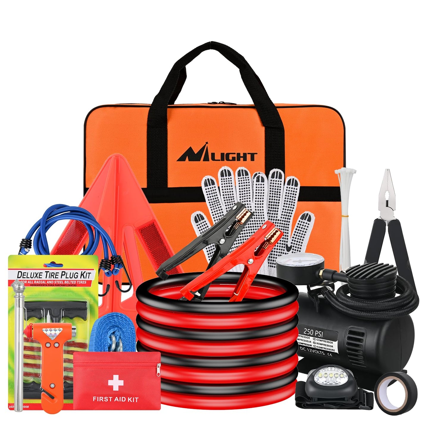 Nilight Car Emergency Kit with Jumper Cable, Tire Repair Tools Safety Assistance for Travel Camping Outdoor Cars Truck SUV RV, Roadside Essentials with Air Compressor