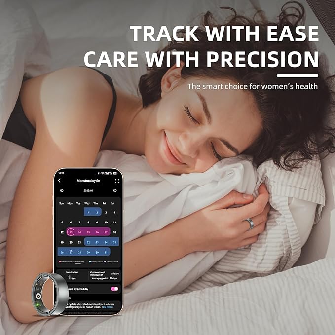Smart Ring for Men and Women- 10ATM Waterproof,Health Tracker, Supports Sleep/Skin Temperature Monitoring, Steps/Calories/Photos/Female Physiological Reminders (Silver, 8)
