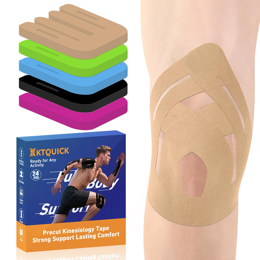 PreCut Kinesiology Tape for Knees, 24PCS Upgraded Waterproof KTQUICK Knee Tape for Knee Pain Relief Pre Cut, Original Cotton Athletic Knee Tape, Waterproof&Hypoallergenic Latex-Free for Sports (Beige)