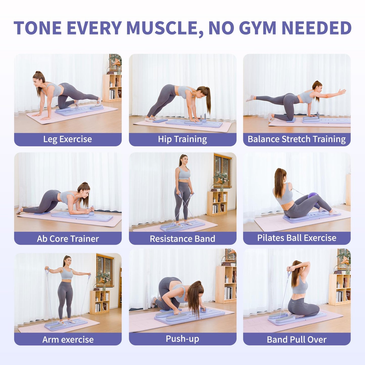 Pilates Board, Reformer Sets, Multifunctional Abdominal for Home Workout Equipment with Pilates Ball ＆ Resistance Bands, Portable Foldable Ab Board Trainer Pilate Exercise Machine for Women