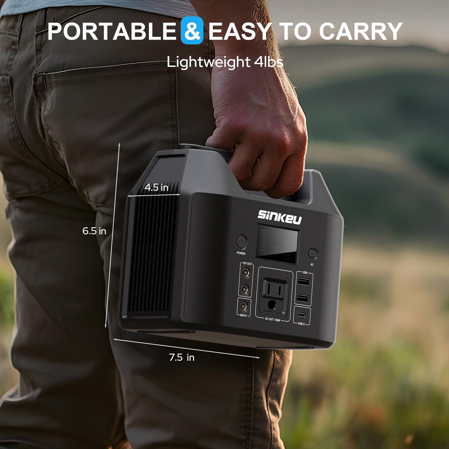 SinKeu Portable Power Station 122.8Wh, LiFePO4 Battery Solar Generator for Home Use, 150W Power Bank with AC Outlet for Camping, RV, Emergency Backup