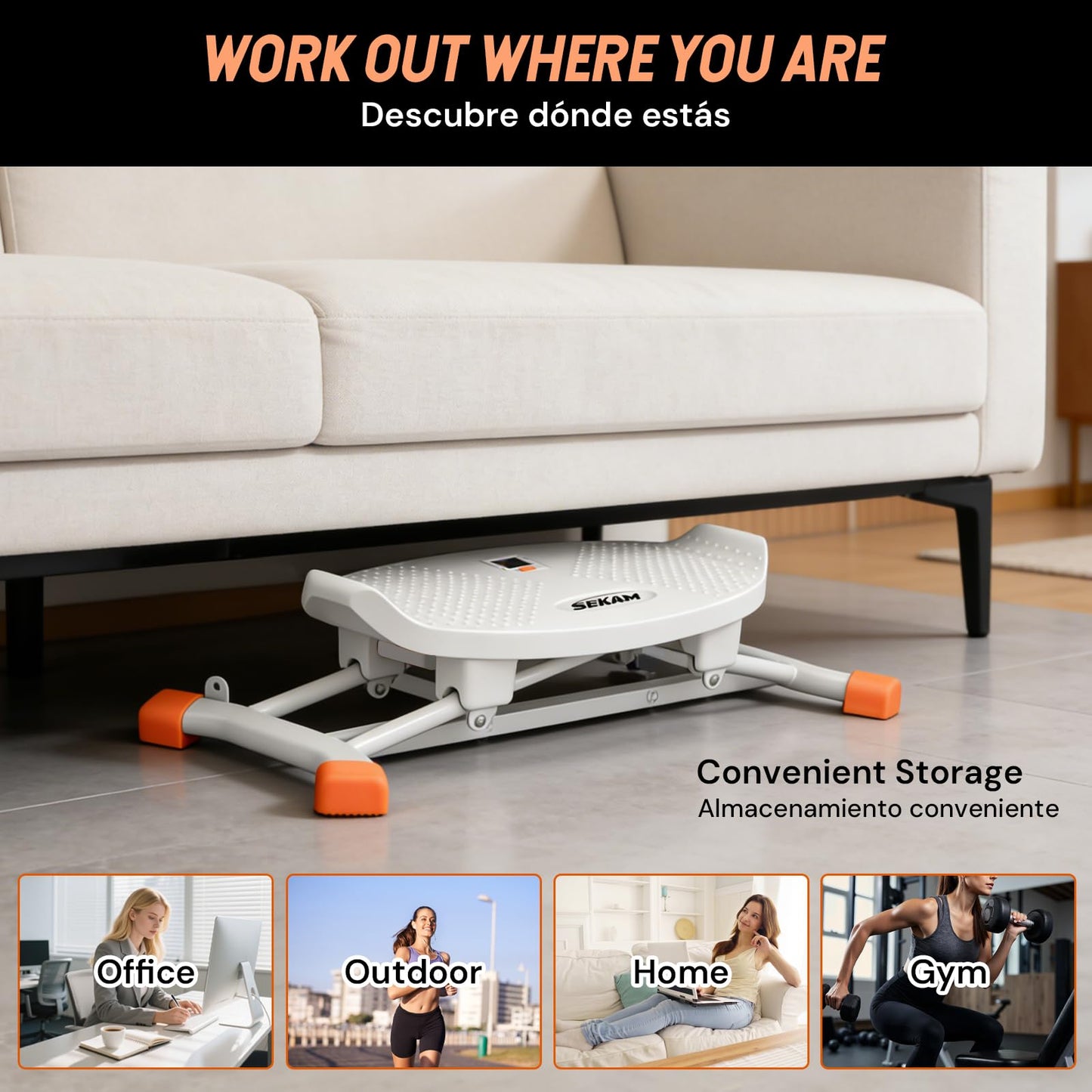 SEKAM Ski Machine Trainer, Indoor Ski Simulator with Resistance Bands & Balance Board - Low Impact Stepper Exercise Equipment for Home Gym Full Body Workout, 300LBS Capacity (Orange)