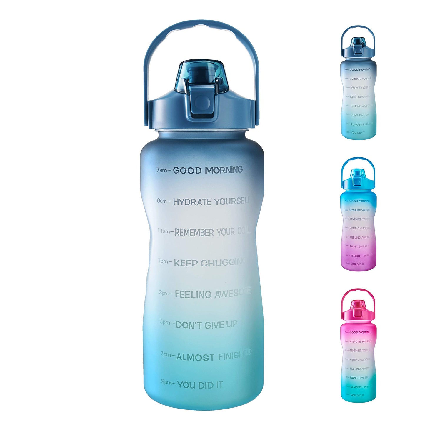 EYQ 64oz Leakproof Drinking Water Bottles, Half Gallon with Motivational Time Marker BPA Free for Fitness, Gym and Outdoor Sports (Navy/Green Gradient)