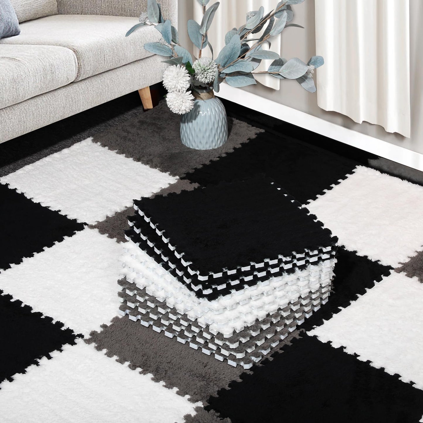 12 Pcs Plush Interlocking Carpet Tiles, Non-Toxic Foam Carpet Tiles for Toddler Baby, Anti-Slip, EVA Foam Interlocking Tiles for Floor, Nursery, Playroom, Grey White Black