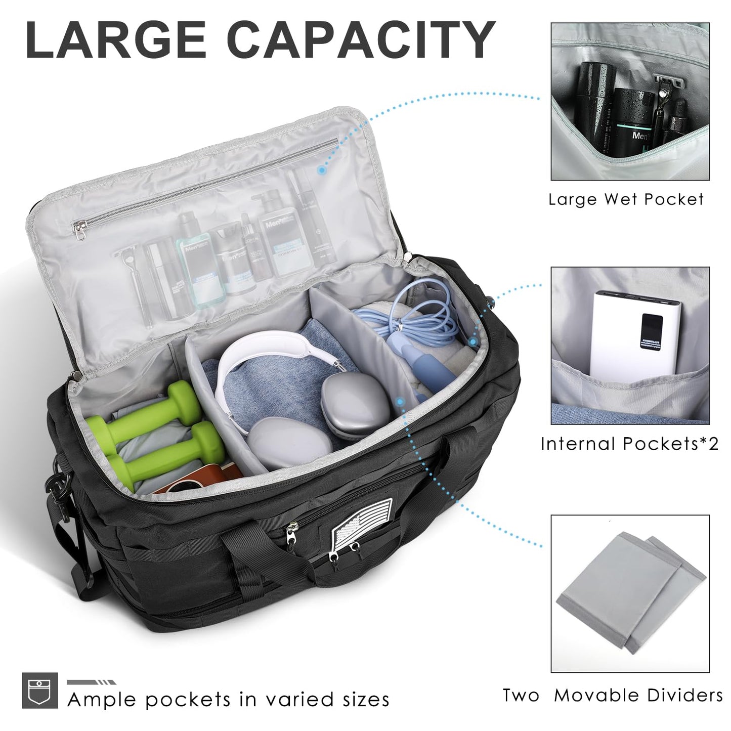ETRONIK Gym Bag for Men Women, Carry on Luggage 22x14x9 Airline Approved, Tactical Travel Duffle Bag with Toiletry Bag and Shoe Compartment, Weekender Overnight with Wet Pocket for Workout, Black
