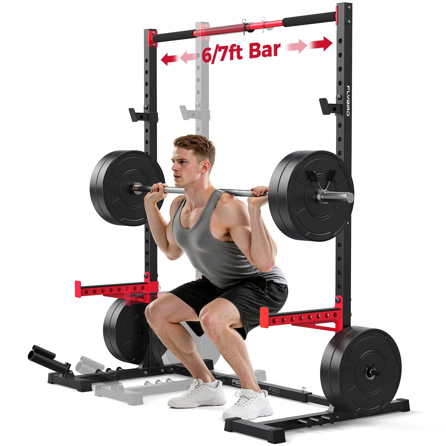 FLYBIRD SR1 Squat Rack with Pull-Up Bar, Multi-Functional Power Rack for Home Gym, 22 Safety Position Height & Adjustable Width for 6/7ft Barbells, Includes Extended J-Hooks & Landmine Attachment