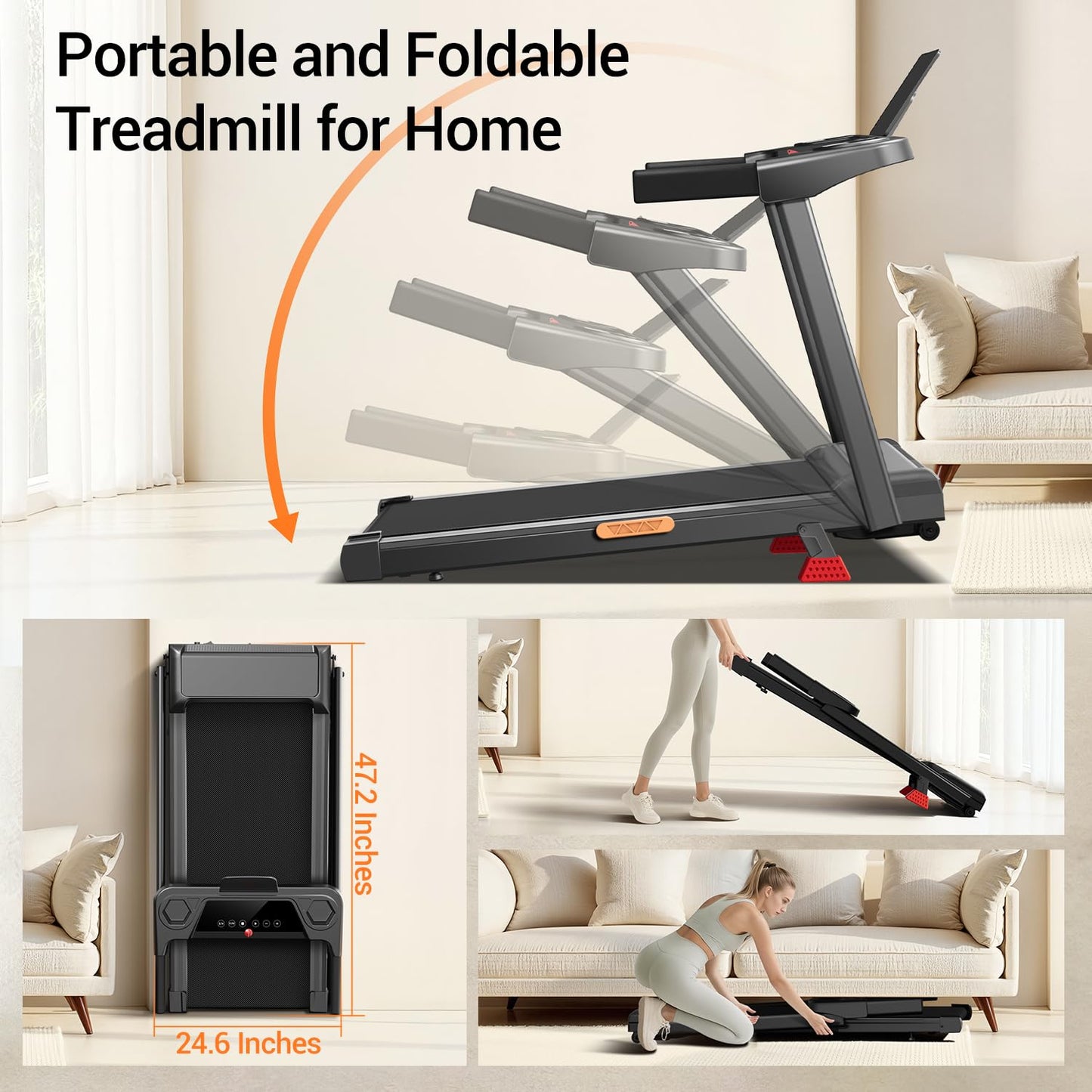 16% Treadmills for Home, 3-in-1 Foldable Treadmill with Incline, Portable Treadmill with Handle, 3.0HP Quiet Walking Pad Treadmill, 12 Automatic Modes, Three Screen