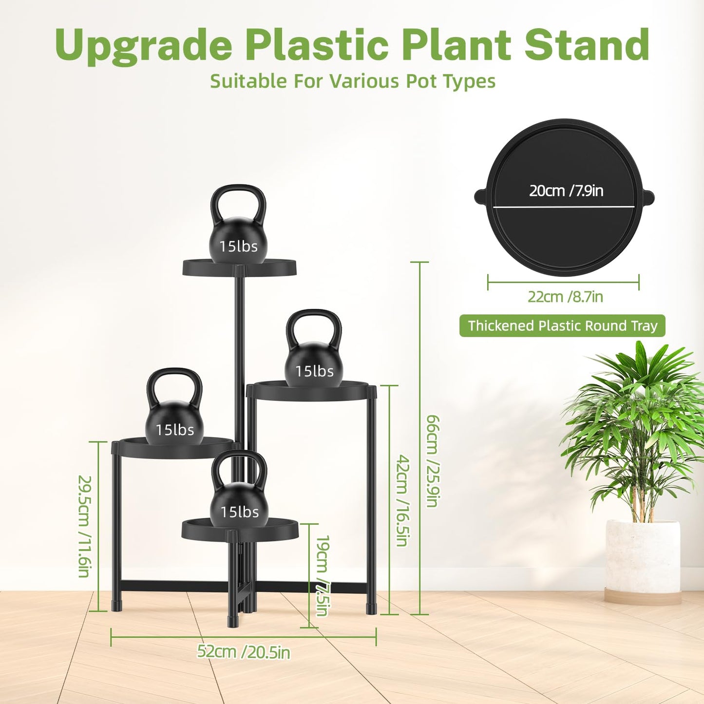 iDavosic.ly 4 Tier Folding Plant Stand Indoor Outdoor with Plastic Tray, Tiered Corner Flower Holder Shelf, Metal Orchid Display Rack for Patio Porch Living Room Garden Balcony, Modern Black