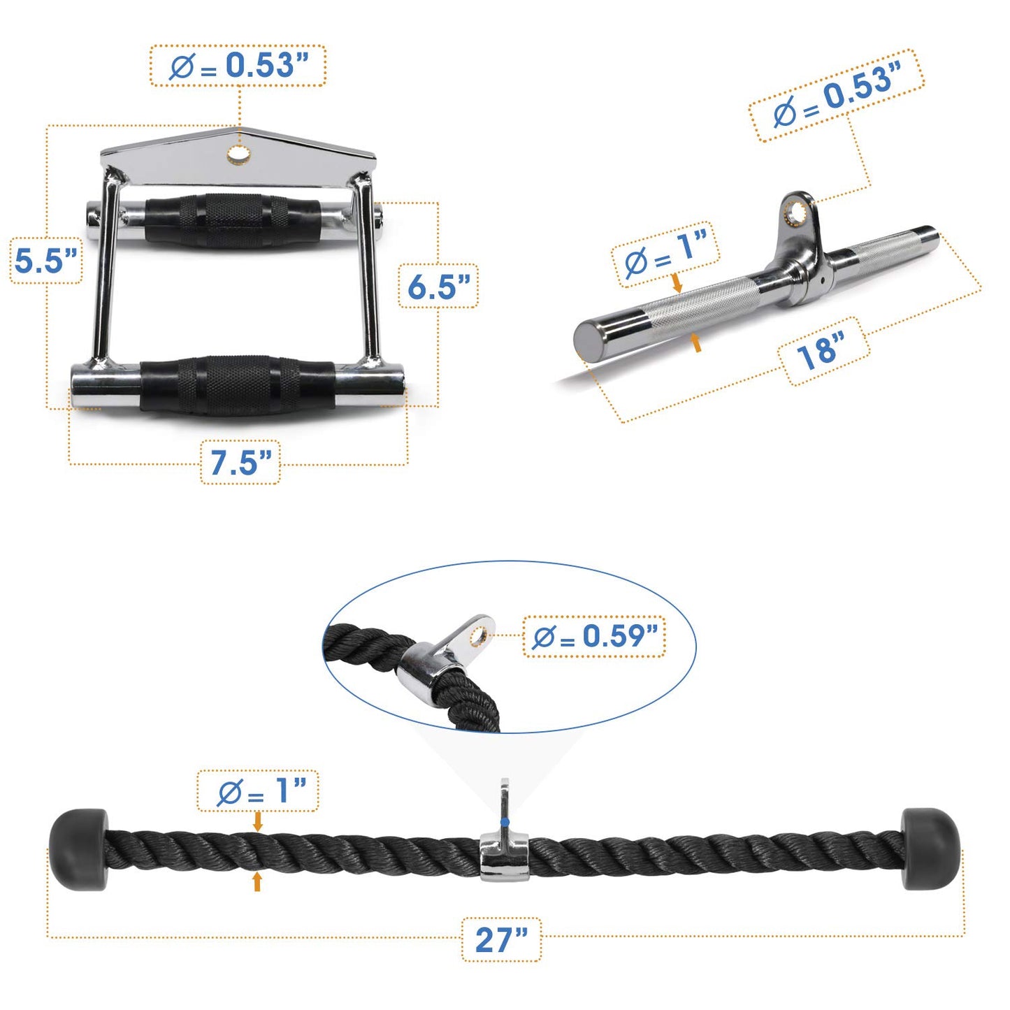 Yes4All Combo Double D Handle, Tricep Rope & V-Shape Bar, Multi Cable Machine Accessories, Tricep Press Down Cable Machine Attachment, LAT Pulldown Attachments for Home Gym Set