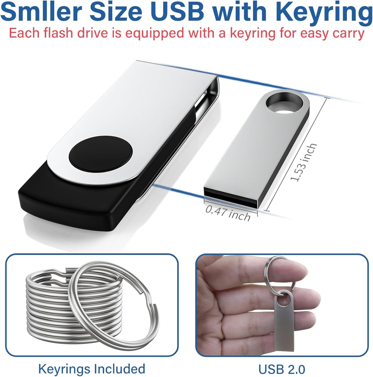 Wooolken 8GB 2 Pack 2.0 USB Flash Drive with Keychains, Sleek Metal USB Thumb Drives Memory Stick for PC Laptop
