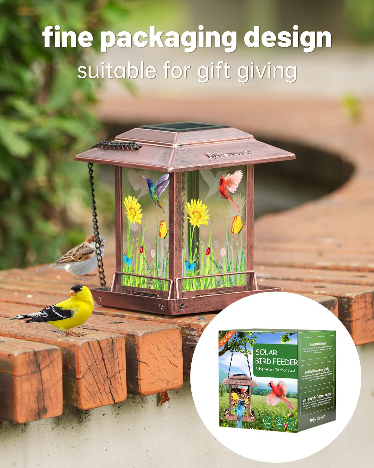 DesGully Solar Bird Feeders for Outdoors - 2.5 LBs Metal Wild Large & Small Bird Feeder for Outside Hanging, Gift Ideas for Avian Enthusiast Garden Yard Seeds (Chew-Proof, Weather Resistance)