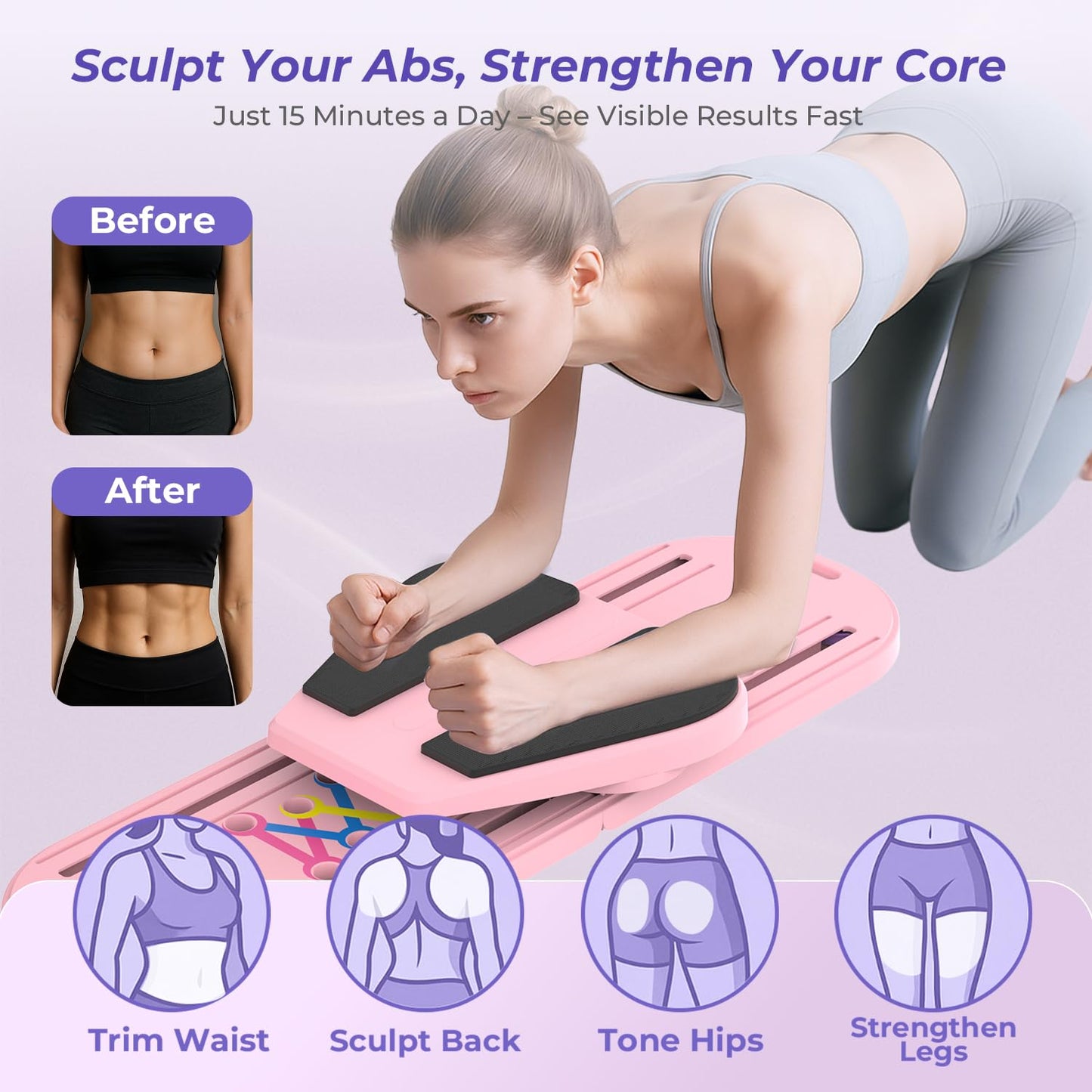 Pilates Reformer Board – 5-in-1 Foldable Pilates Machine for Home Workout, Portable Fitness Board with Resistance Bands, Full Body Training for Women (Light Pink)