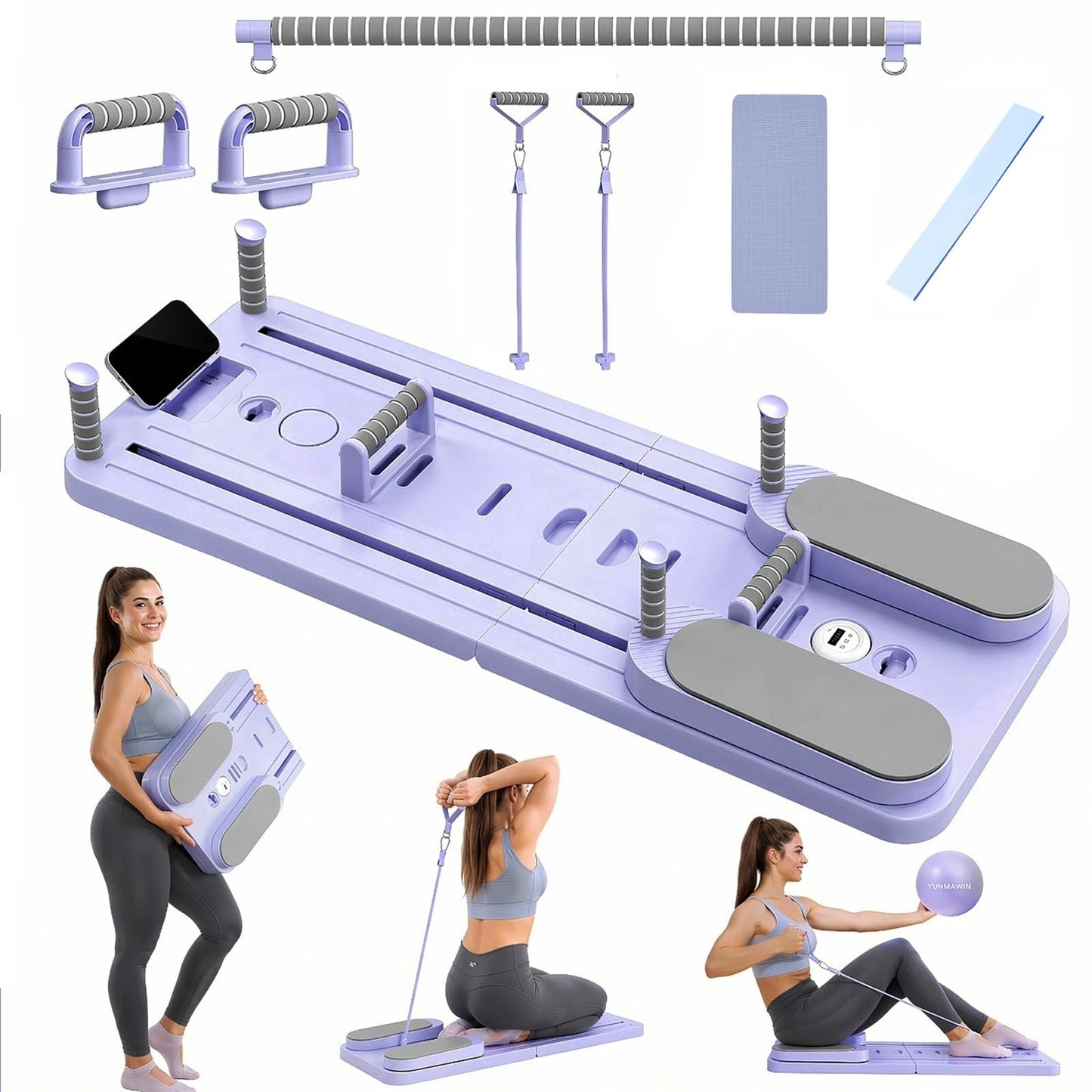 Pilates Board, Reformer Sets, Multifunctional Abdominal for Home Workout Equipment with Pilates Ball ＆ Resistance Bands, Portable Foldable Ab Board Trainer Pilate Exercise Machine for Women