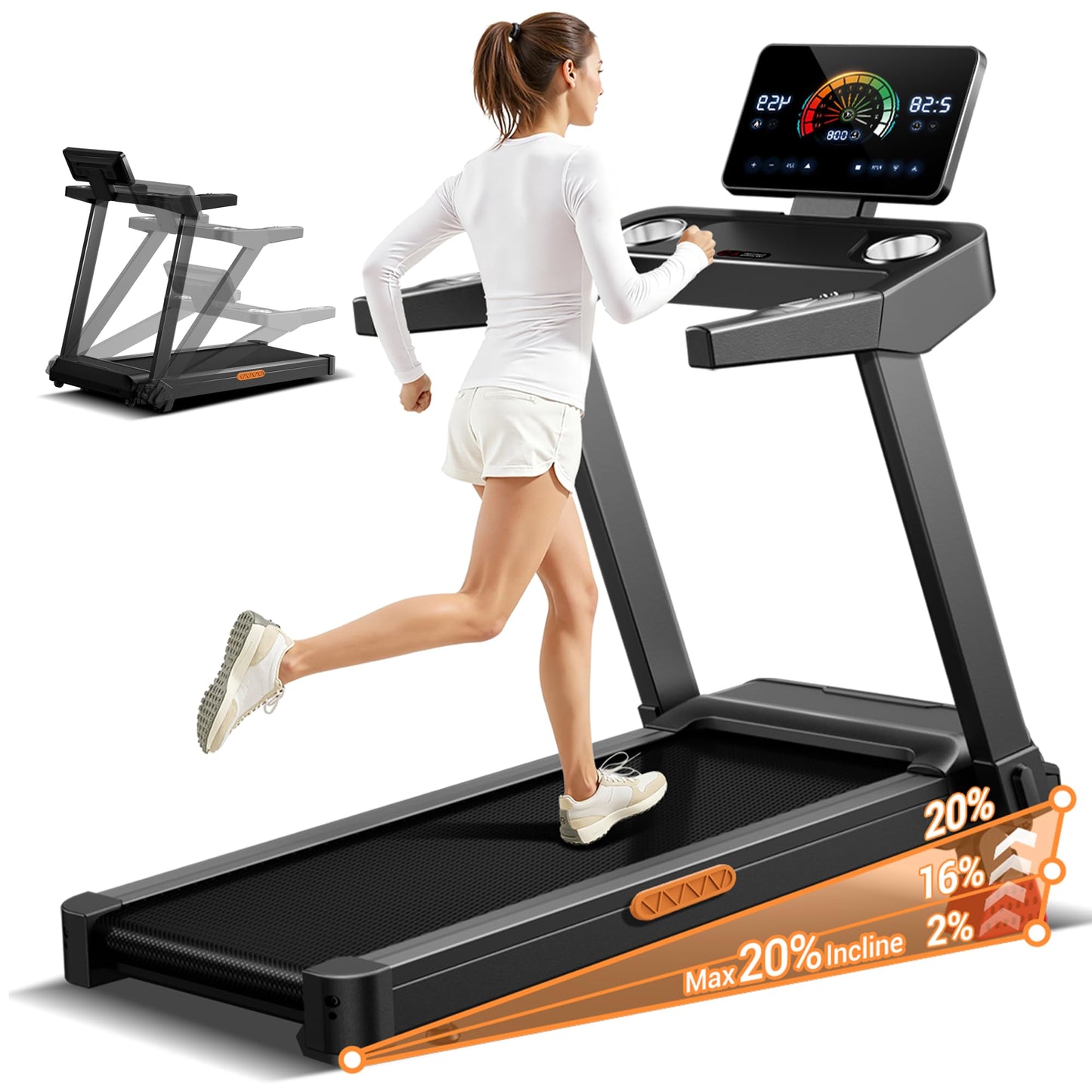 CURSOR FITNESS Treadmill with 20% Incline, Treadmills for Home 400 lb Capacity, 3.5HP Quiet Brushless, Folding Treadmill with Handle & Pulse Sensors, Running Machine for Home, 0.6-8.7MPH Speed Range