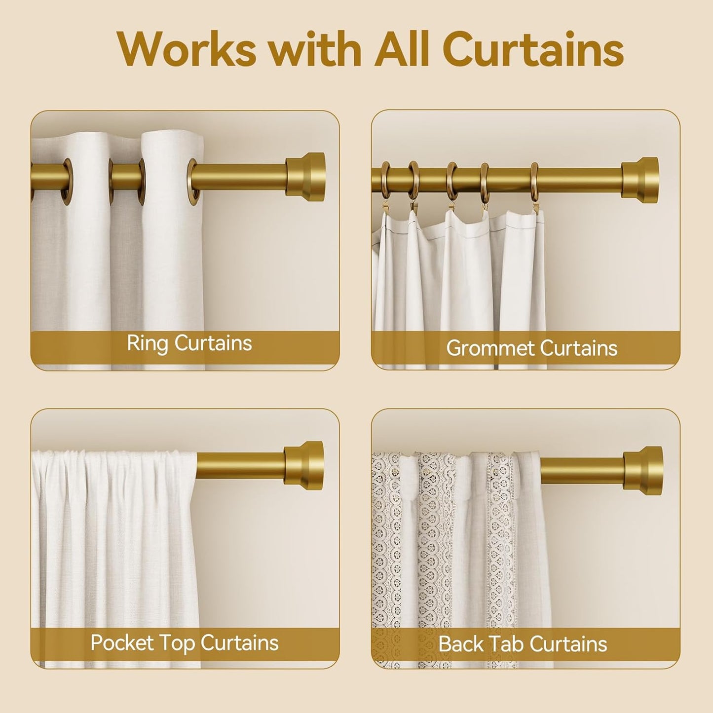 YaFex Curtain Rods - Heavy Duty 1 Inch Adjustable Window Treatment Rods | 32-58 Inch, Modern Gold Design