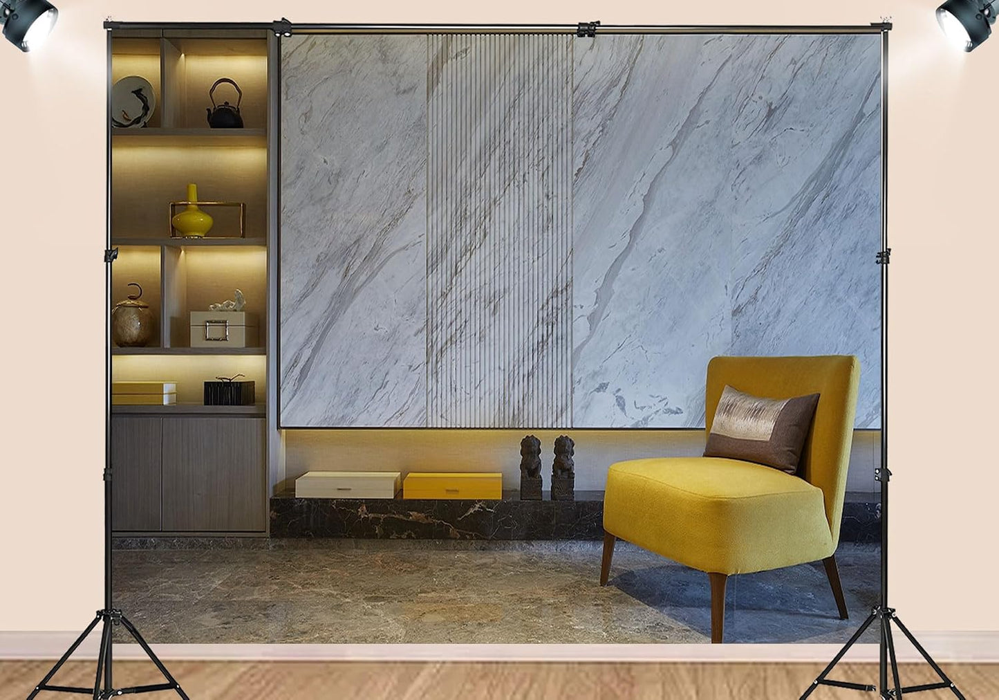 SHDASMIL 5X3ft Luxury Marble Wall Interior Backdrop Yellow Accent Chair Elegant Shelf Background Modern Asian Style