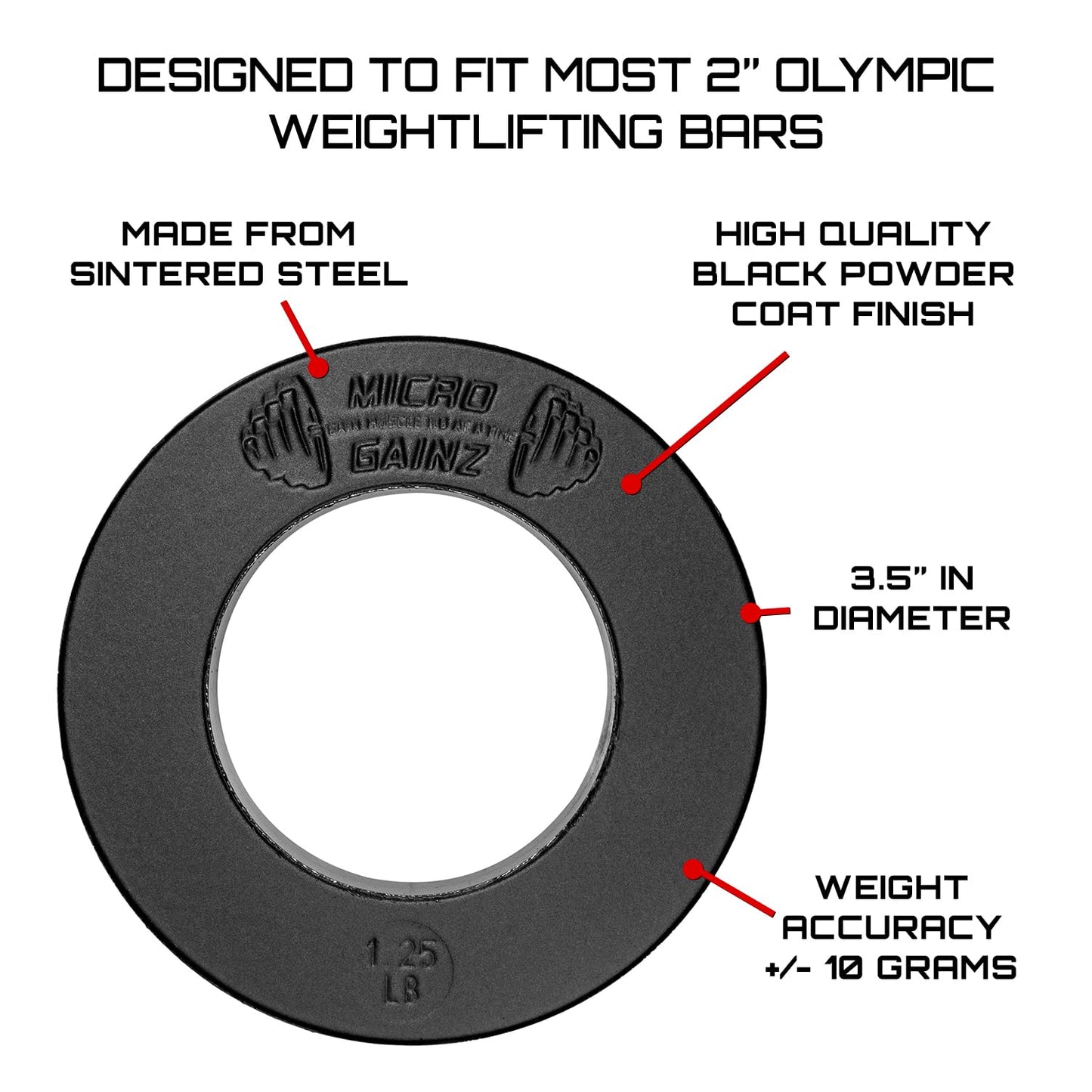 Micro Gainz Calibrated Fractional Weight Plate Set of 2 Plates, Choose Set (.25LB-1.25LB), Designed for Olympic Barbells for Strength Training & Micro Loading Bar Weights, Made in USA (1.25lb Black)
