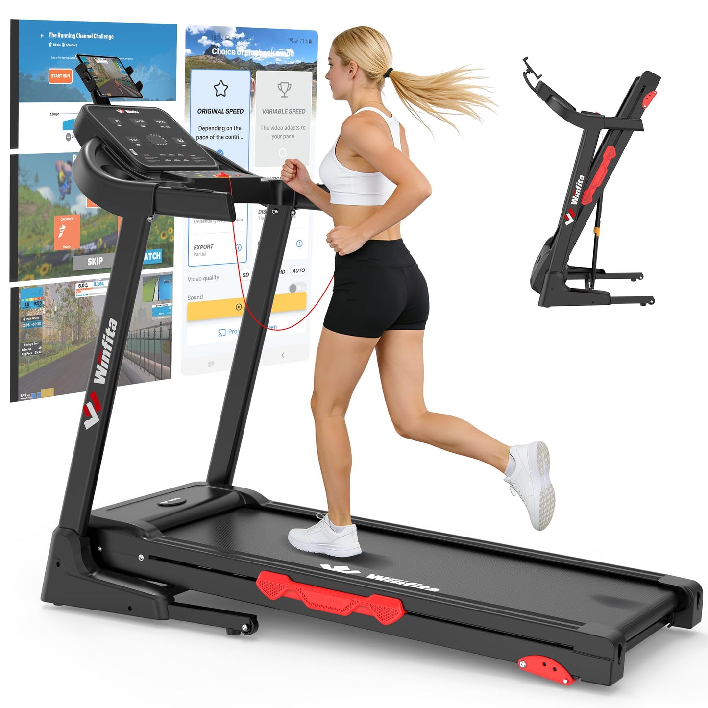 Winfita 3.5HP Folding Treadmills for Home with Incline, 300 lbs Capacity, 8.0 MPH Speed, 17'' Wide Belt, App, 64 Programs, Pause Function, BMI Detector for Home Use