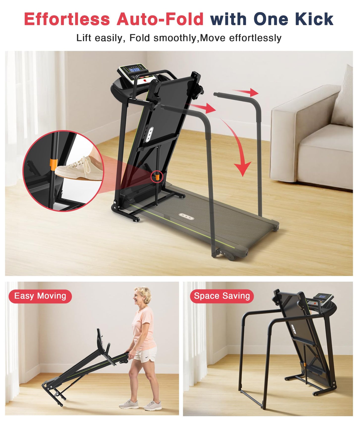 Redliro Treadmill for Seniors Slow Walking - 0.3mph Start, Front & Long Handrails - Foldable Recovery Flat Treadmill for Elderly, Auto Lubrication, 3-Level Incline for Home Use
