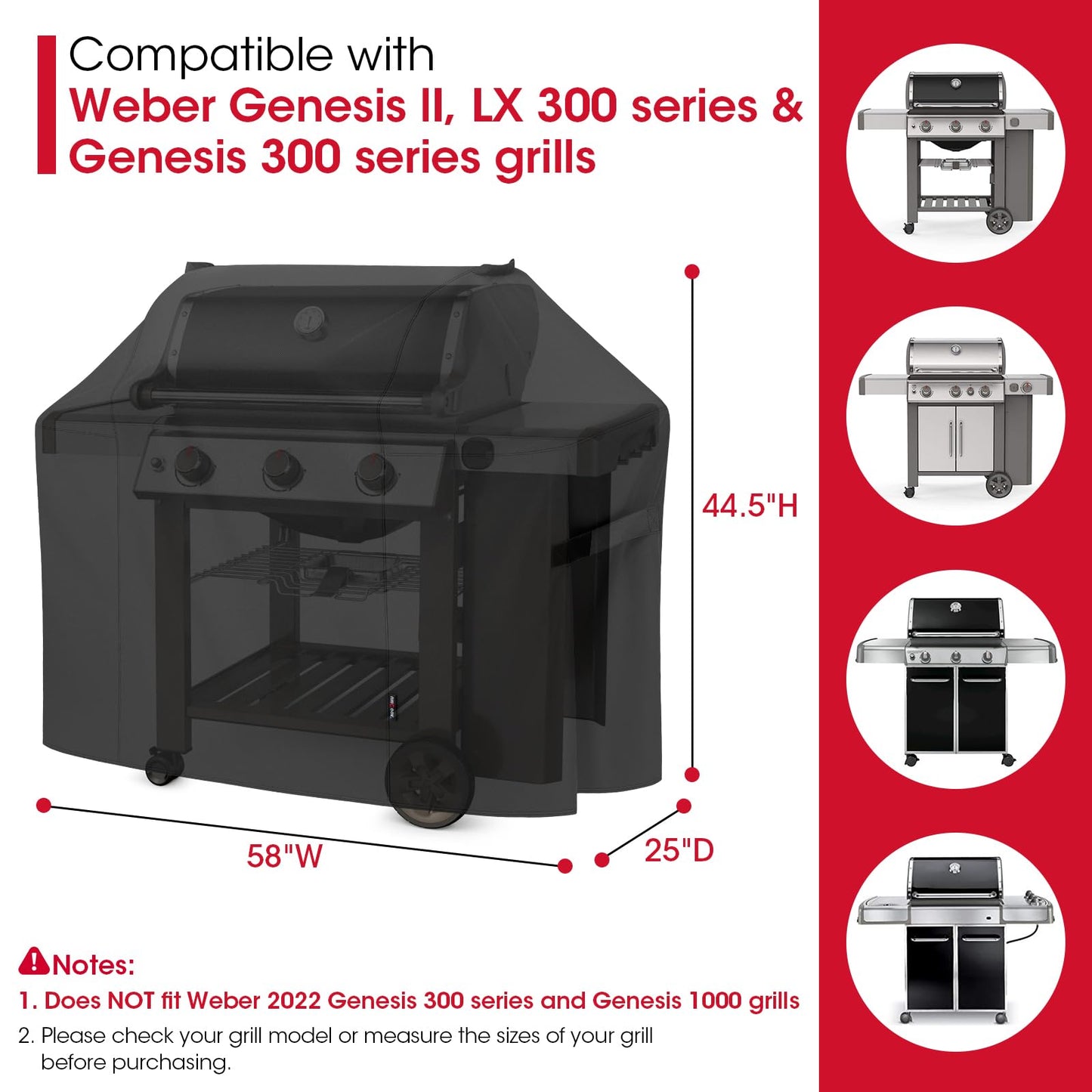 Unicook 58 Inch Grill Cover for Weber Genesis II, LX 300 Series and Genesis 300 Series Gas Grills, Heavy Duty Waterproof Fade Resistant BBQ Cover, All Weather Protection, Compared to Weber 7130