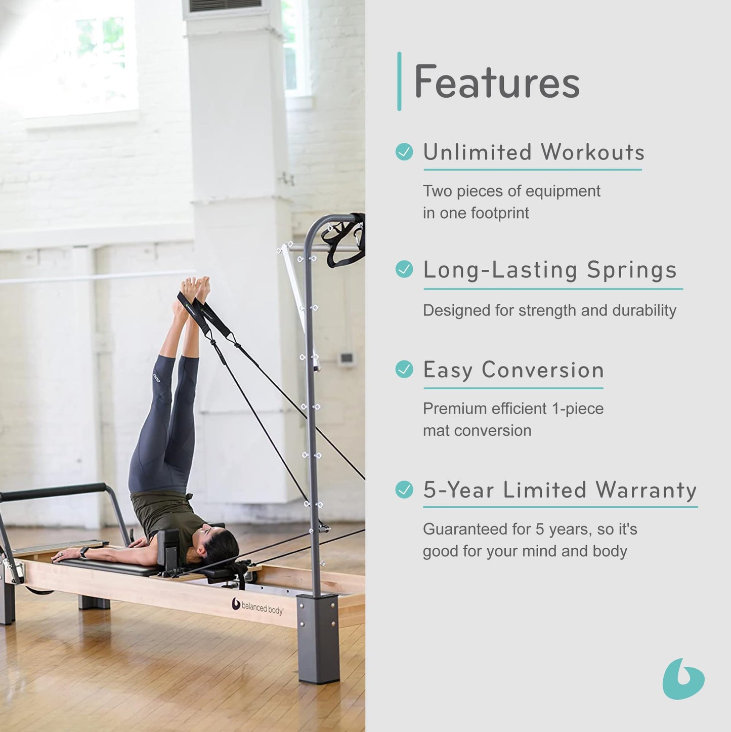 Balanced Body Rialto Pilates Reformer with Tower and Mat Conversion, Pilates Exercise Equipment, Workout Equipment for Home or Studio, Black Upholstery