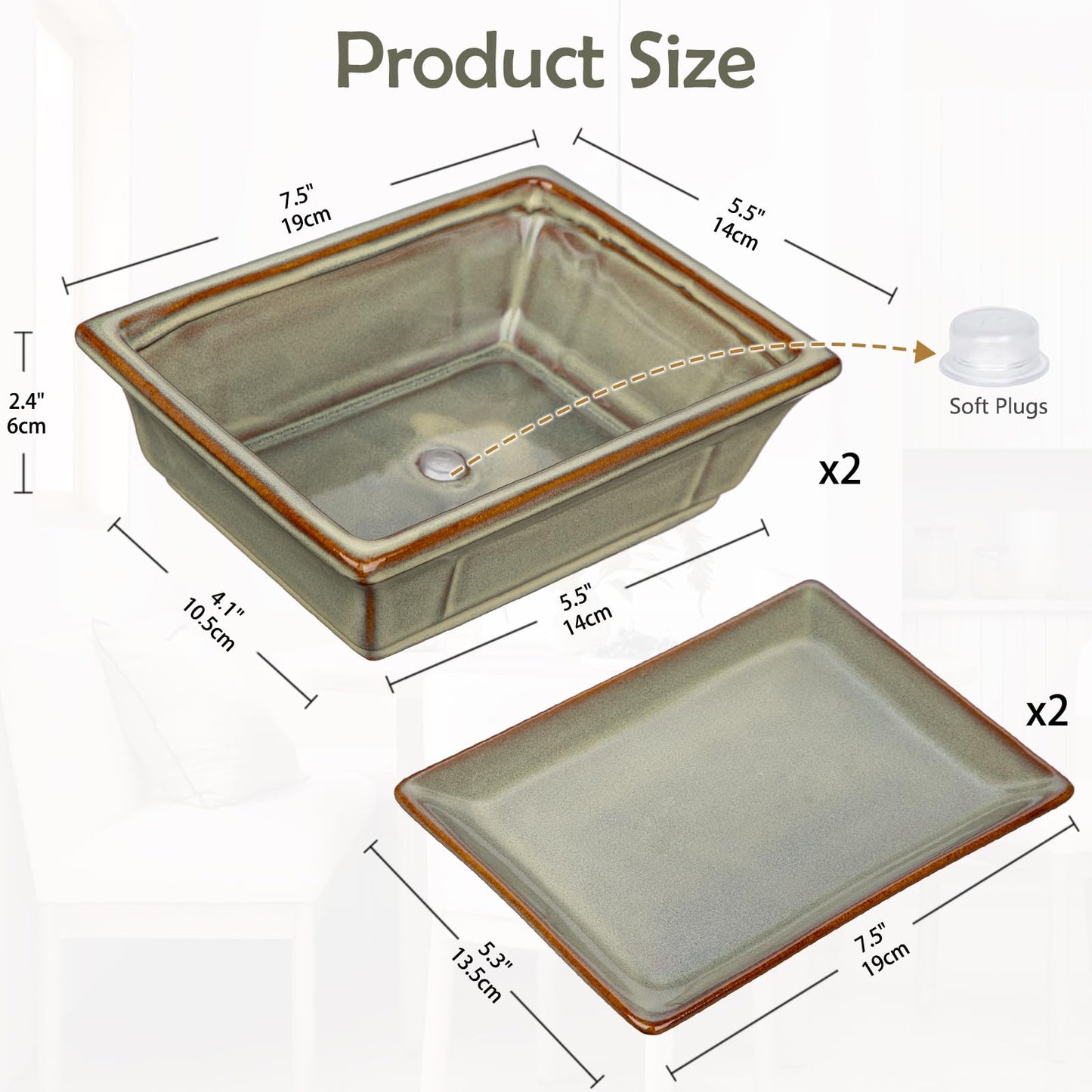 Ceramic Bonsai Pots with Drainage Tray, Set of 2 Rectangular Glazed Bonsai Planters for Indoor/Outdoor Use, Shallow Brown Bonzai Tree Pots for Succulent, Orchids, Cacti, Home, Patio, Garden, 7.5"x5.5"