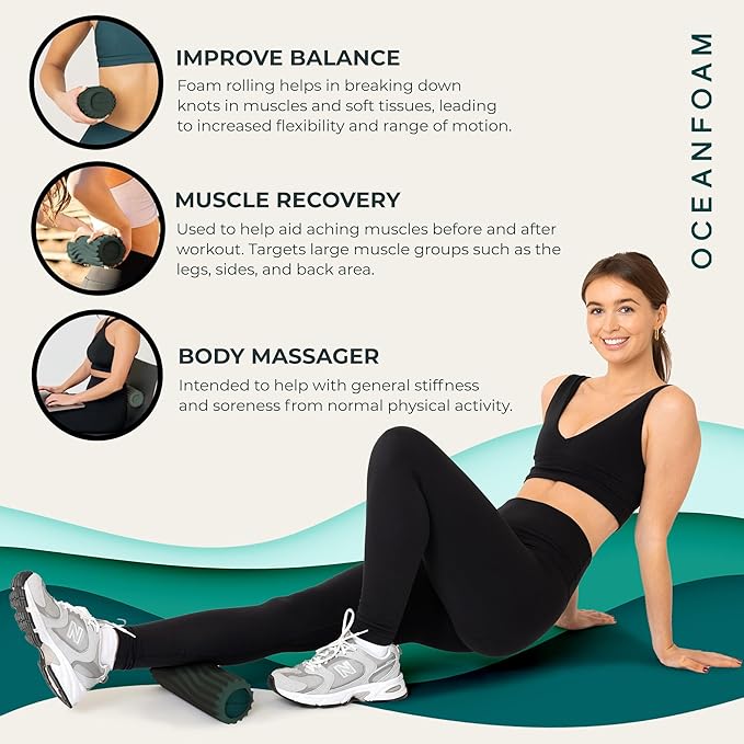 Oceanfoam Ripple Travel Foam Roller (11" x 3.35") Firm Mini Foam Roller for Physical Therapy, Deep Tissue Massage, Back Pain - High Density, Ergonomic Wave Textured - Yoga, Pilates, Exercise (Hunter)