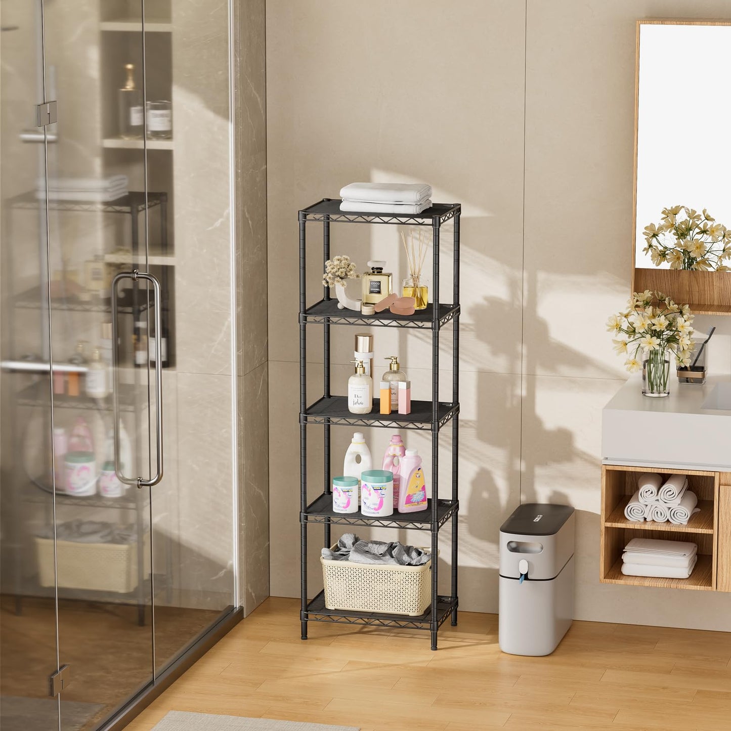 SINGAYE Metal Shelves Wire Shelving：Storage Rack Standing Units Shelf for Kitchen Laundry Bathroom Closet Organizers Pantry Narrow Mesh Adjustable 10" D x 16" W x 55" H Black