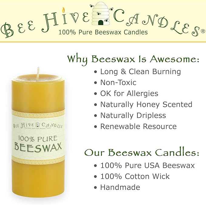 100% Pure Beeswax Pillar Candle (3" x 9") | Natural Beeswax Candles | Soy, Paraffin & Fragrance Free | Handmade in The USA