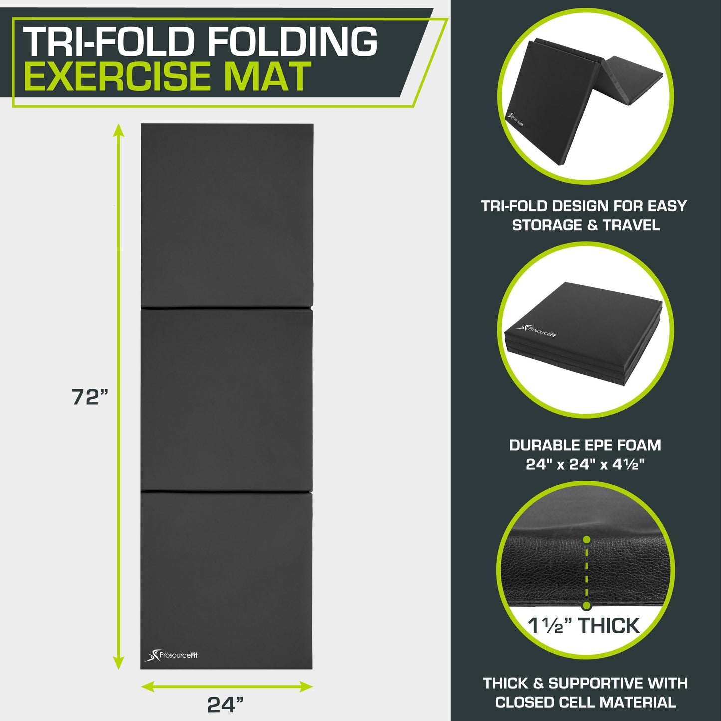 ProsourceFit Tri-Fold Folding Thick Exercise Mat 6’x2’ with Carrying Handles for MMA, Gymnastics Core Workouts, Black