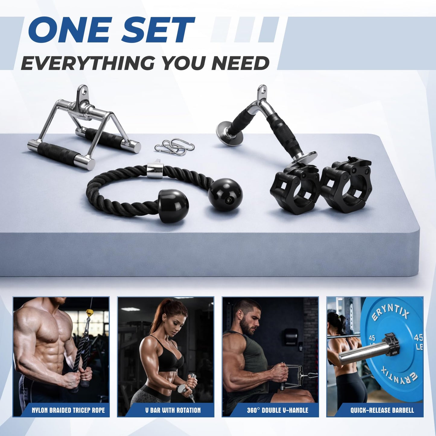 Eryntix Heavy-Duty Cable Machine Attachments, LAT Pulldown Kit with V-Bar, Tricep Rope, Double D Handle, Barbell Collar, 360° Swivel Hooks, Alloy Steel Home Gym Full Body Workout