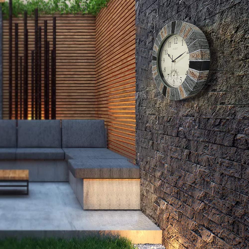 OCEST 13 Inch Large Outdoor Indoor Clock, Waterproof Wall Clock with Thermometer, Weather-Resistant Non-Ticking Battery Operated Decor for Patio, Pool, Lanai, Fence, Porch, Garden（Brown）