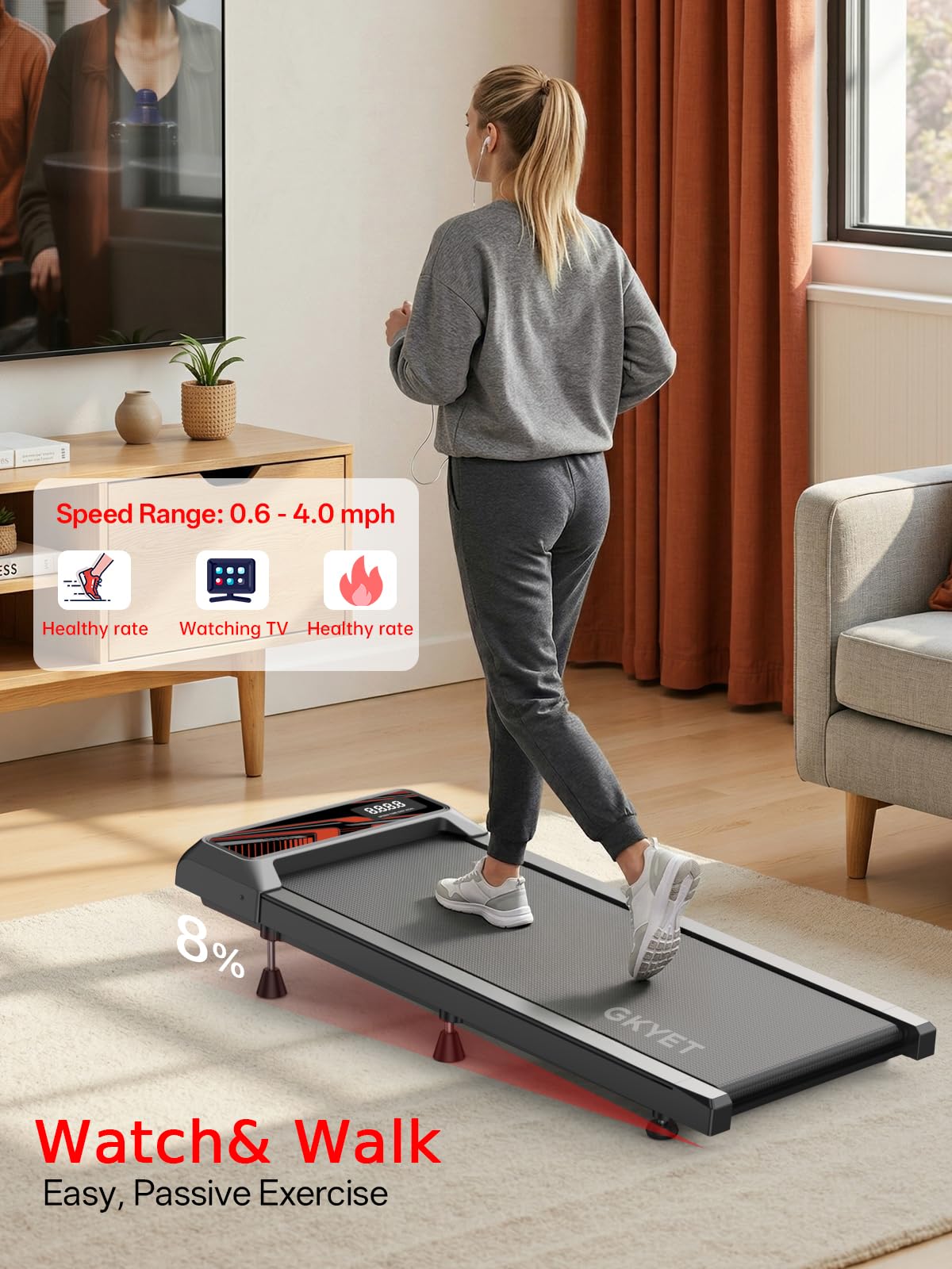 Walking Treadmill Pad with 8% Incline for Home, Under Desk Treadmill for Home Office, 2.5HP Quiet Portable Walking Mat, 265 lbs Capacity, Compact Treadmill for Small Spaces with 15" x 35.4" Belt