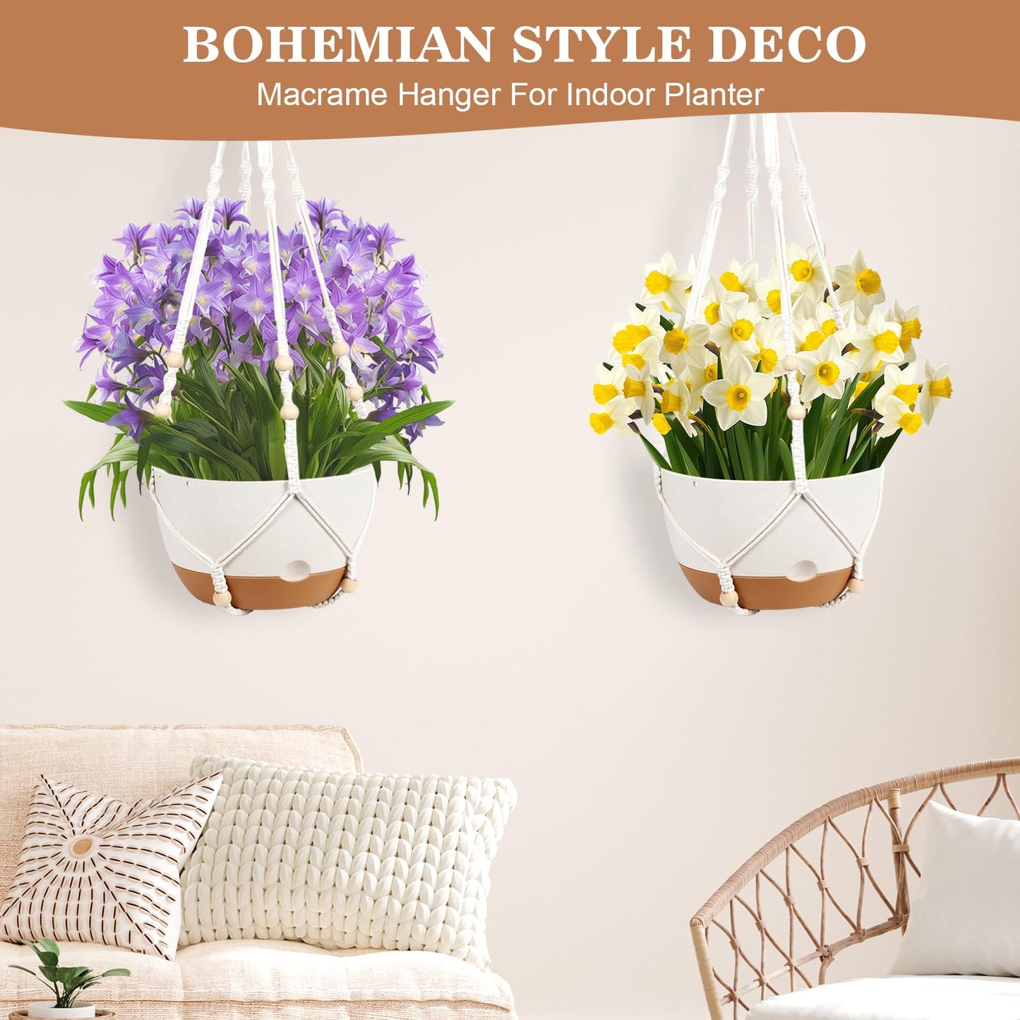 3 Pack Hanging Planters for Indoor Plants, 10 + 10 + 8 Inch Self-Watering Hanging Plant Pot, Macrame Plant Hanger with Pot, Ceiling Hooks, Removable Saucer and Drainage Holes for Garden Home - White