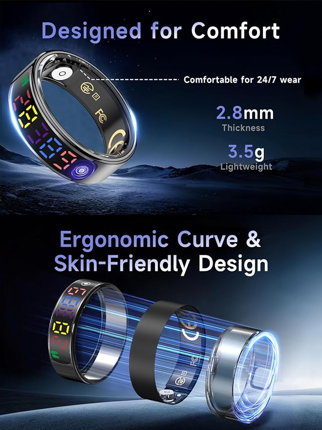 Smart Ring for Women Men, Health Ring with Colorful Display, Fitness Tracker with Heart Rate, Blood Oxygen, Sleep Monitor, No Subscription Fee, 5ATM Waterproof for iPhone & Android (Black, 11)