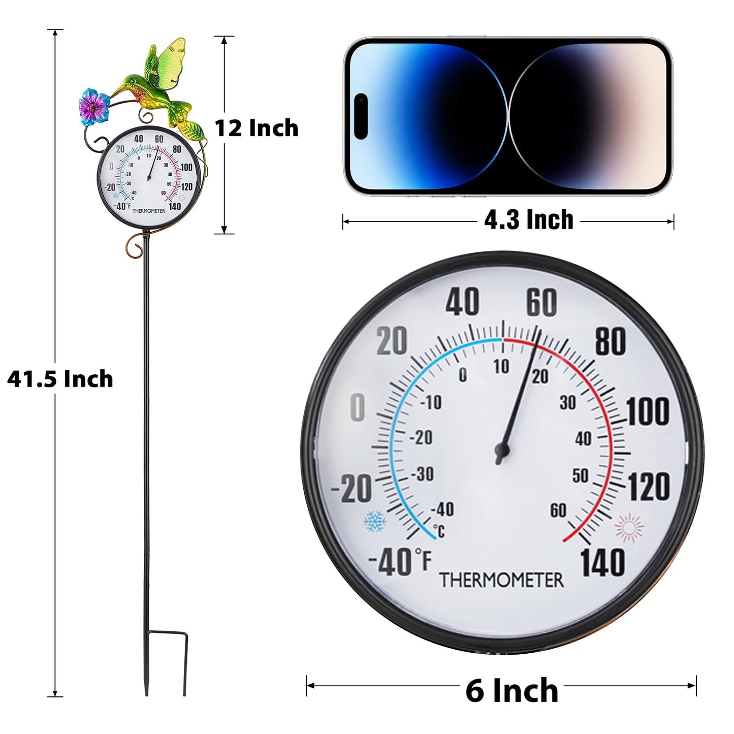 Outdoor Indoor Wall Thermometer with Hummingbird Metal Stake Outside Waterproof Decorative Temperature for Lawn Yard Pathway Patio Decorations